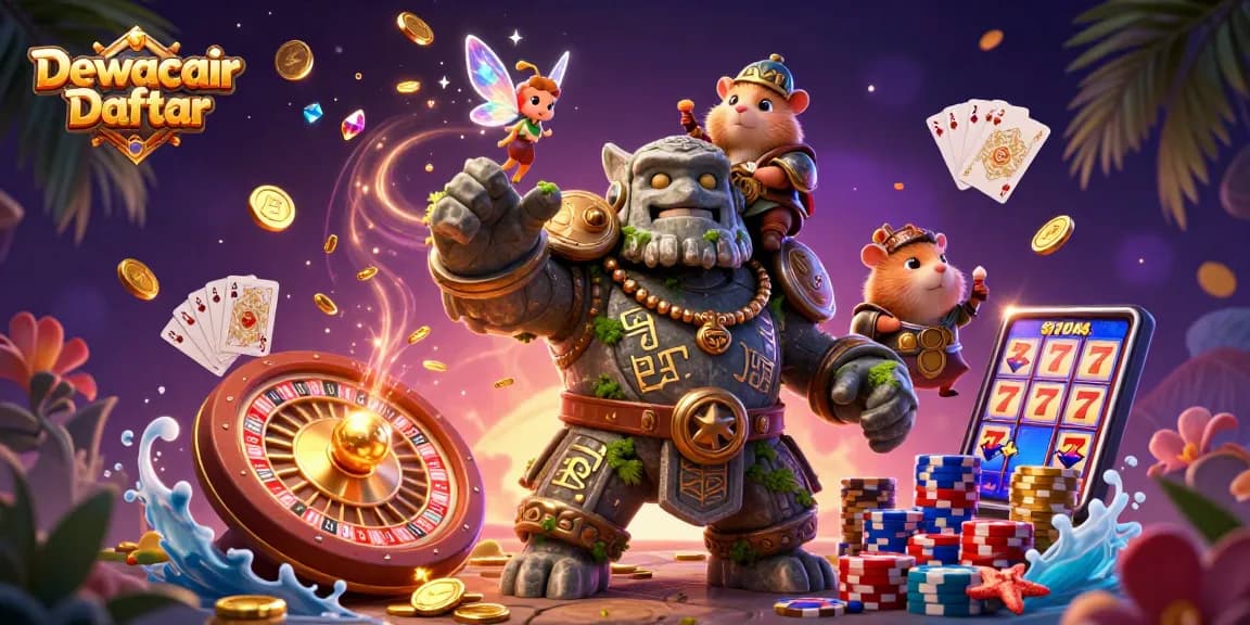 Dewacair Daftar showcases a magical 3D casino scene with vibrant characters, coins, and a dazzling roulette wheel.