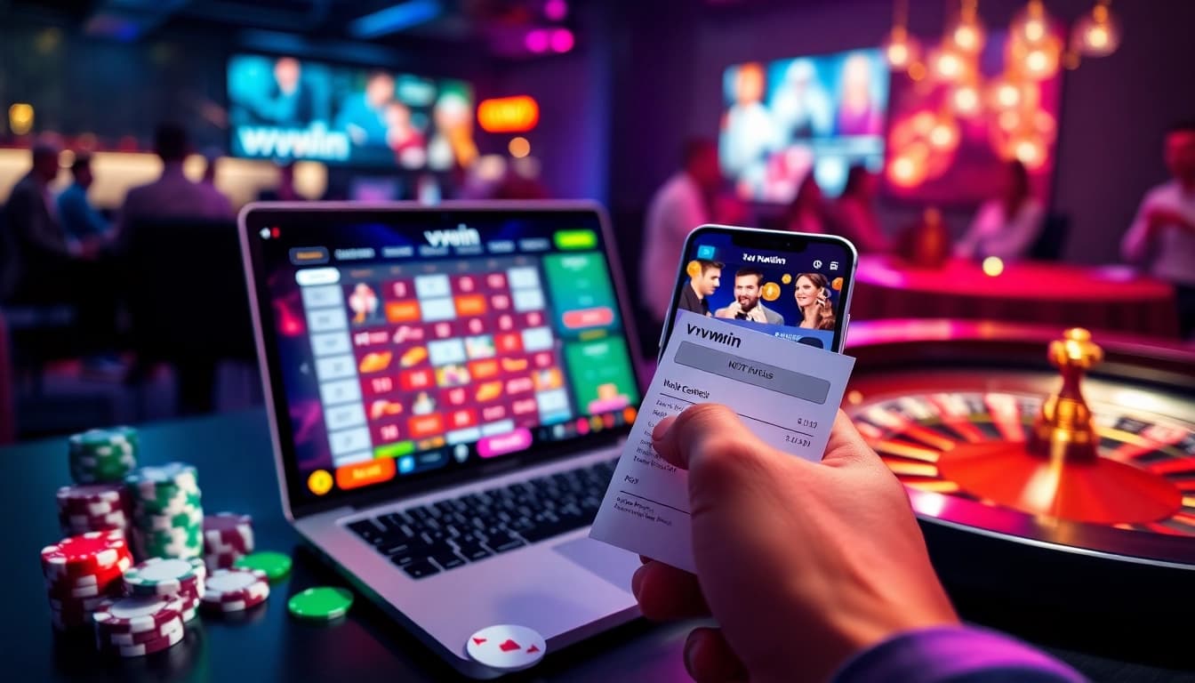 Experience thrilling online betting with vvvwin, featuring cards, chips, and a roulette wheel in action.
