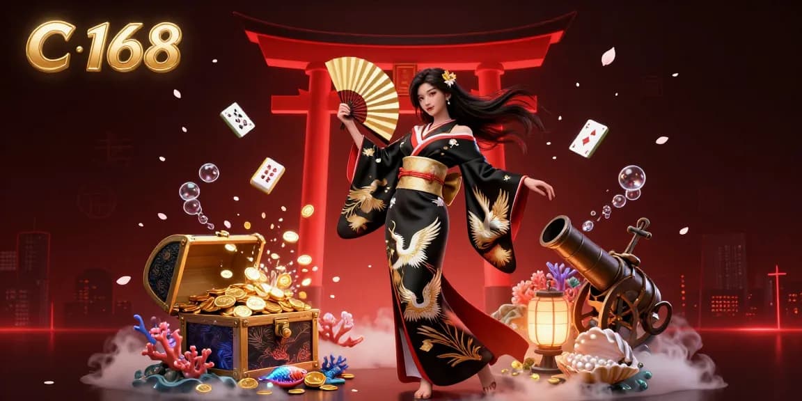 C 168 showcases a vibrant casino scene with an elegant Asian woman, golden fan, and animated game elements.