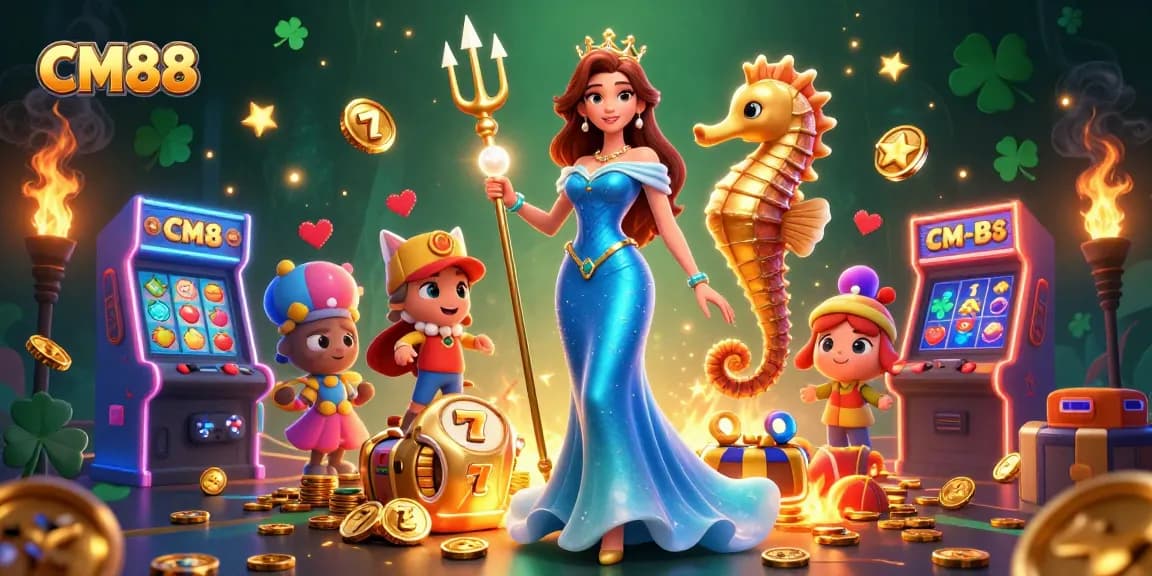 Engage with CM88's vibrant online casino through a rich 3D illustration featuring a stunning woman and seahorse king.