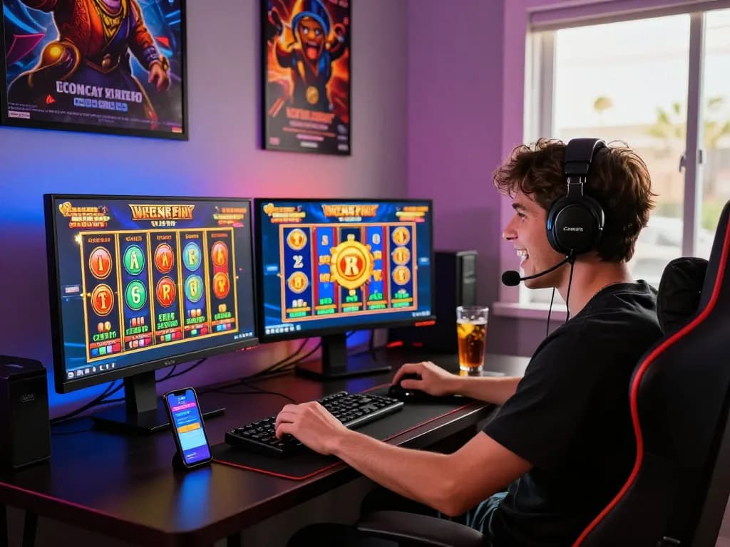 Pemain menikmati pengalaman bermain game online SGPSLOT dengan tampilan slot berwarna-warni dan pencahayaan ambient