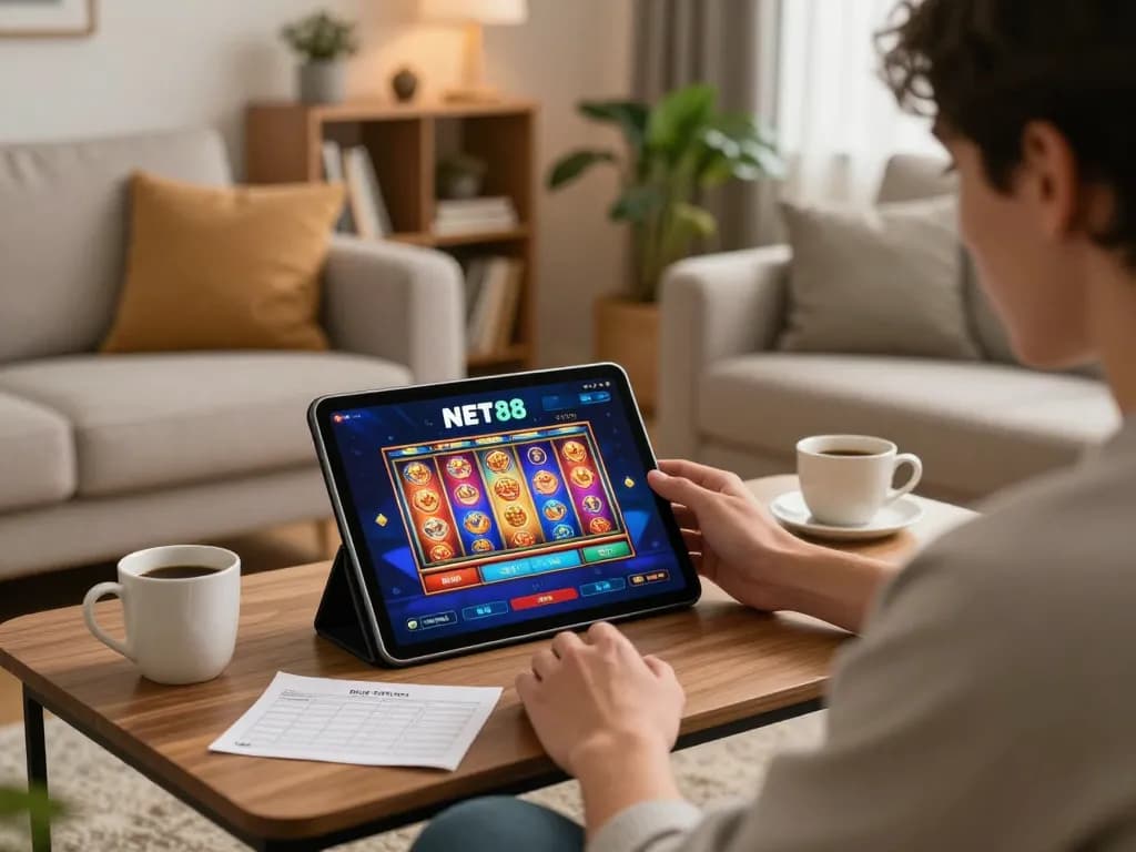 Player enjoying NET88 casino app on tablet in a cozy home gaming setup.