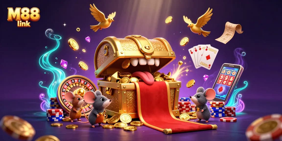 The M88 link captures adventurous mice drawn to a treasure chest in a vibrant casino scene filled with riches.
