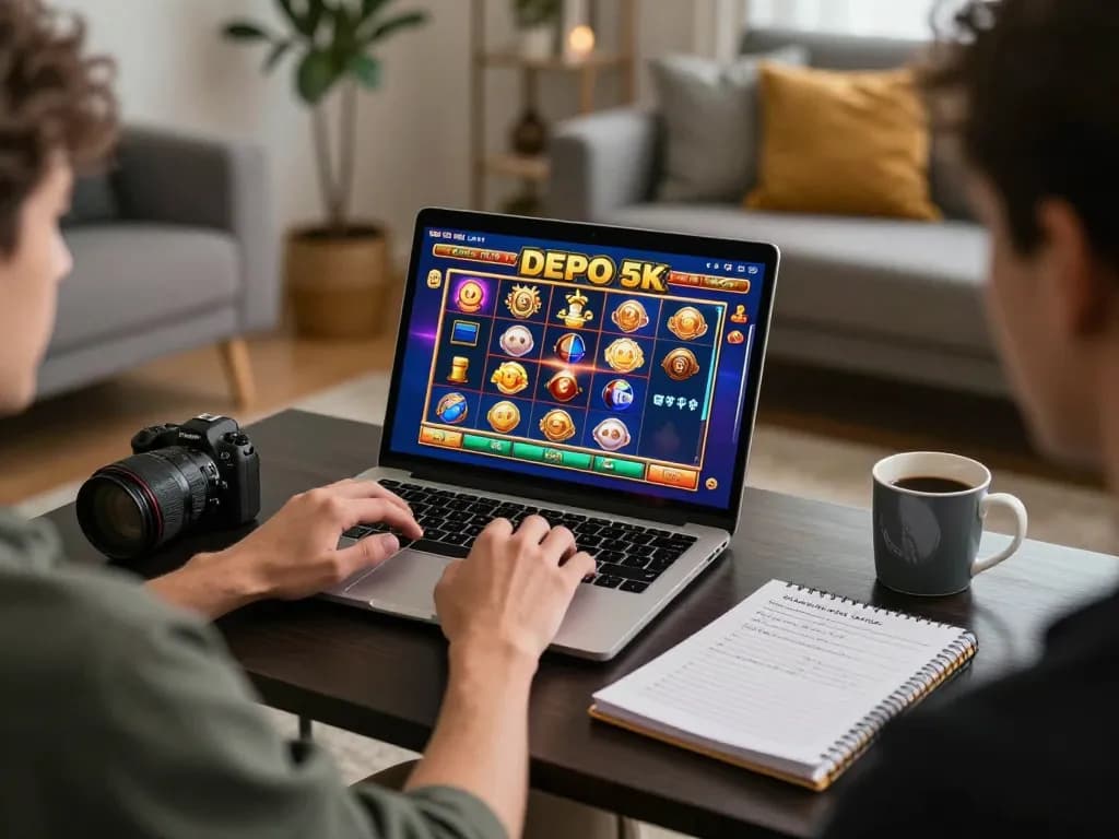 Playing engaging slot depo 5k game on laptop in a cozy home setup focused on strategic betting