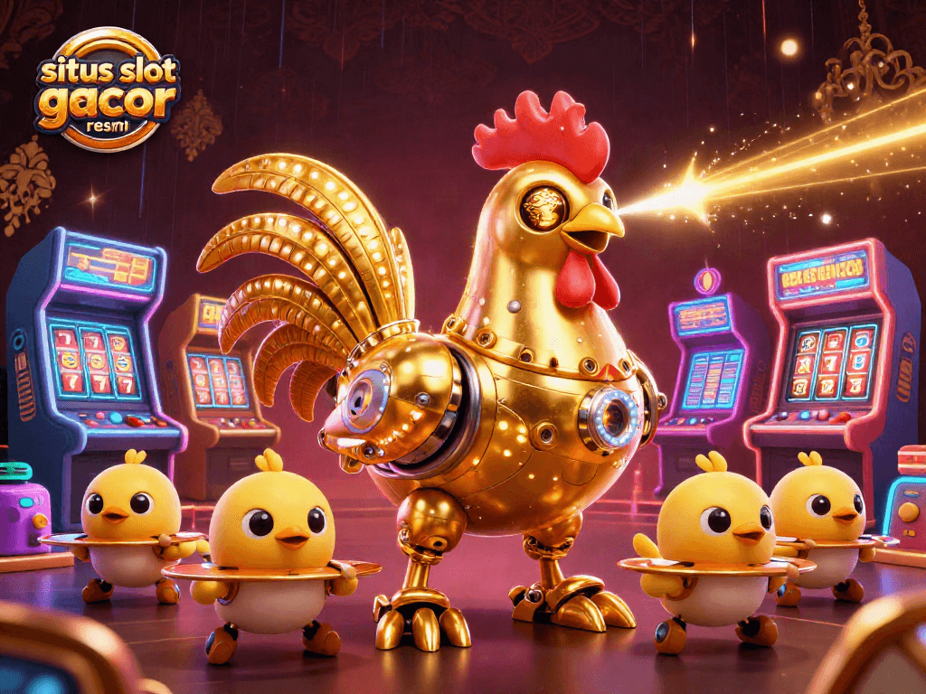 Experience the thrill of situs slot gacor resmi with a vibrant 3D casino scene featuring a golden rooster robot and baby chick drones.