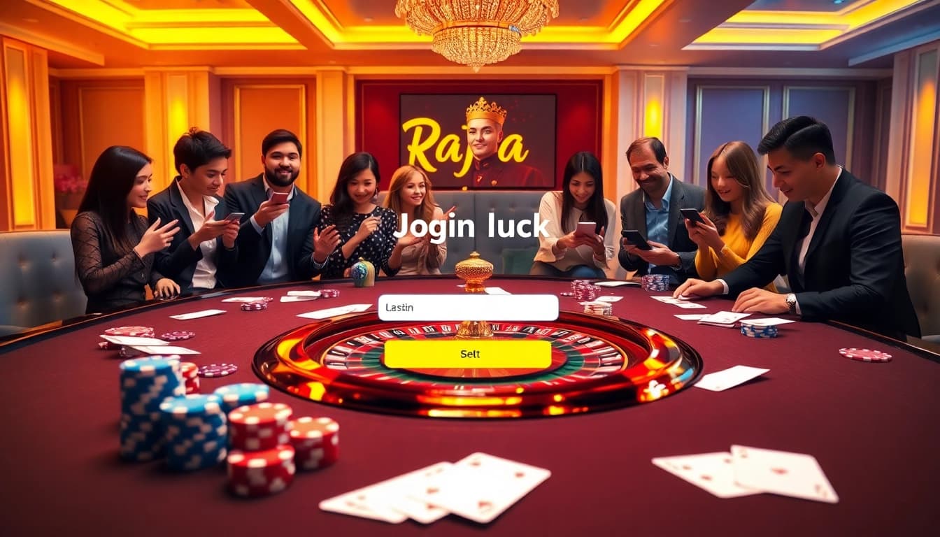 Login screen for raja luck, featuring an engaging casino setup with cards and chips.