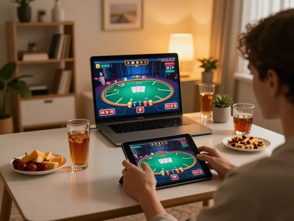 Player engages in online gambling at home using the dacsandatphanrang com platform, showcasing a poker game.