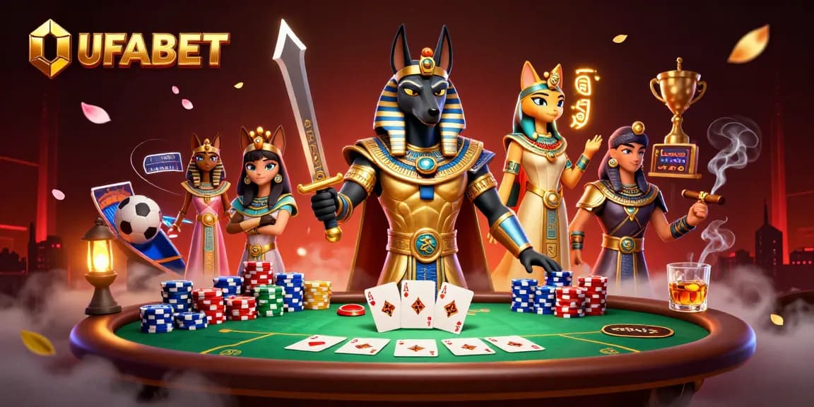 Experience the excitement of UFABET's sports betting with Anubis, the jackal warrior, and Bastet amidst dynamic visuals.