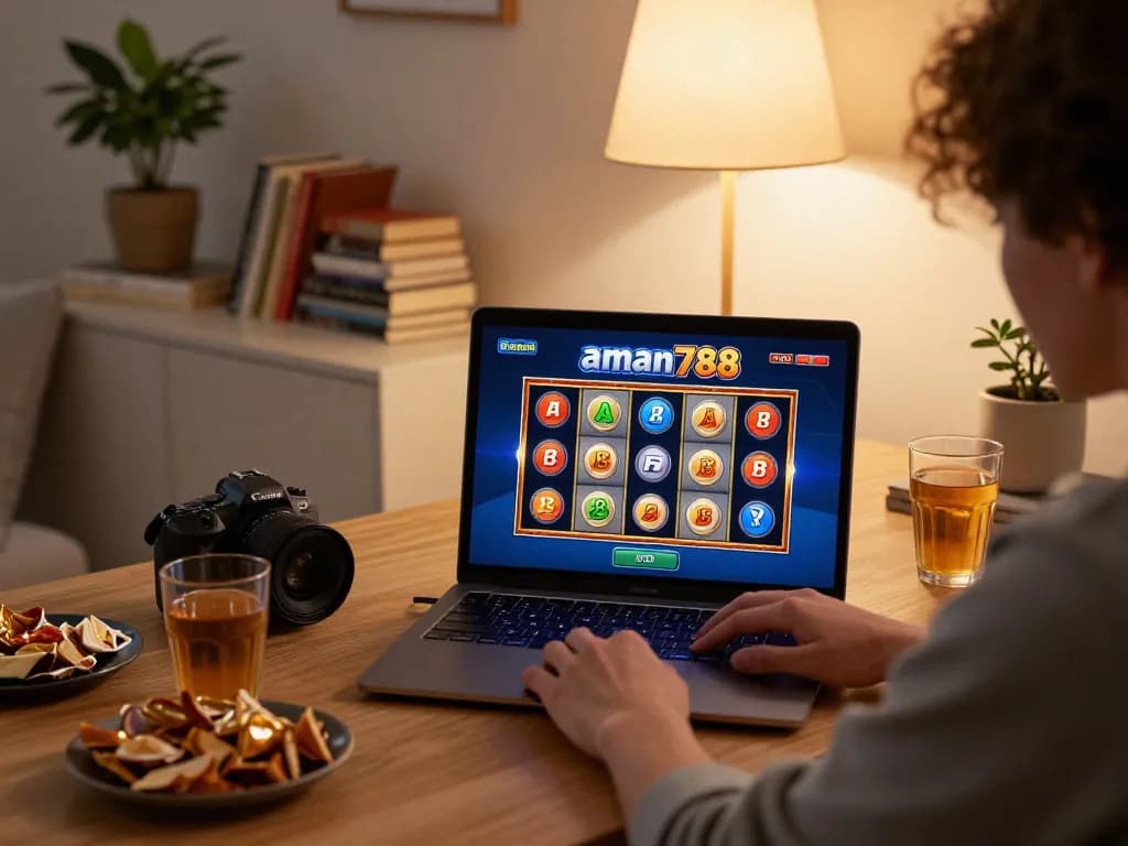 Seorang pemain menikmati aman788 slot online di rumah sambil mengunyah camilan dan menggunakan laptop, menunjukkan permainan yang aman.