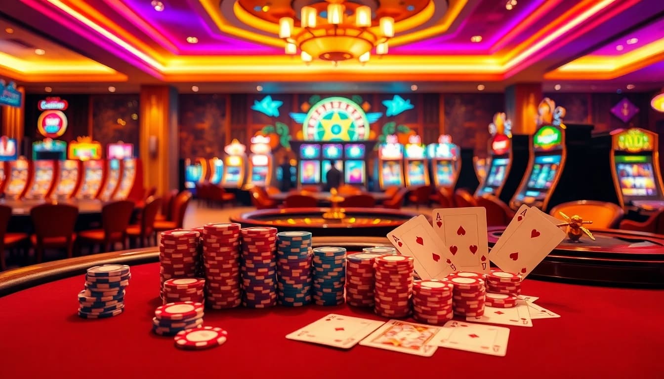 Engage in thrilling gameplay at VJ88's luxurious casino featuring poker tables and slot machines.