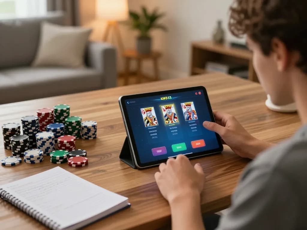 Engaged player using the king33 app on a tablet for online casino gaming, showcasing mobile betting strategy.