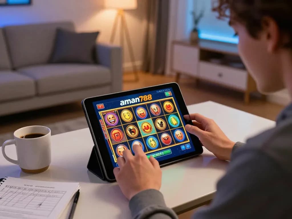 Engaging in aman788 slot online gaming in a cozy living room with strategic notes and excitement.