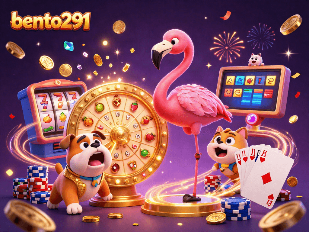 bento291 brings excitement to the casino with a flamingo game show host and a bulldog contestant spinning the prize wheel.