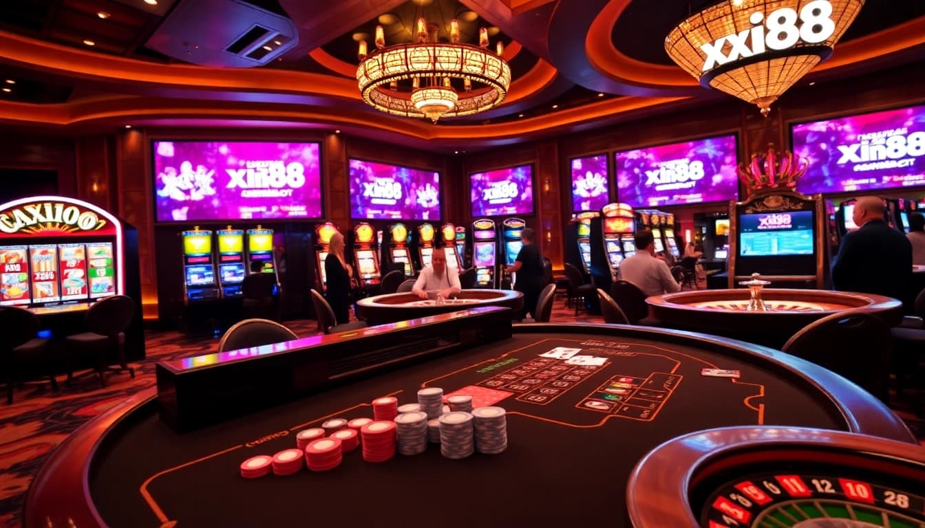 Experience the excitement of xin88 at a professional casino with game tables and vibrant slot machines.