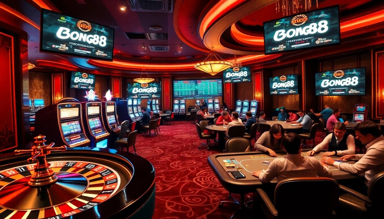 Bong88 players enthusiastically engage at a luxurious casino table in a vibrant gambling scene.