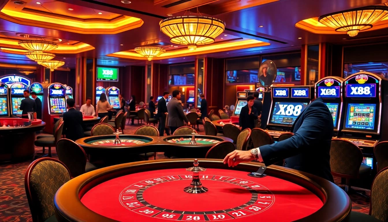 Experience the thrill of betting at X88's vibrant casino scene with excited players enjoying table games.