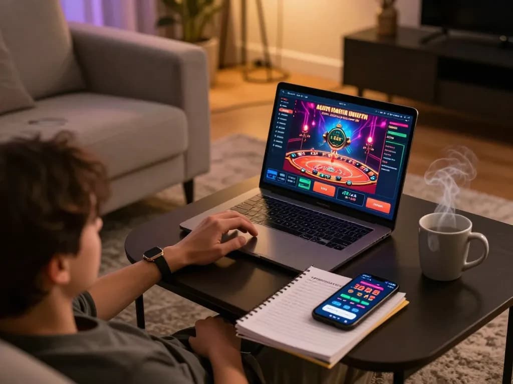 Player engaging with online games at https://goal123.ac/, showcasing a modern home gaming setup.