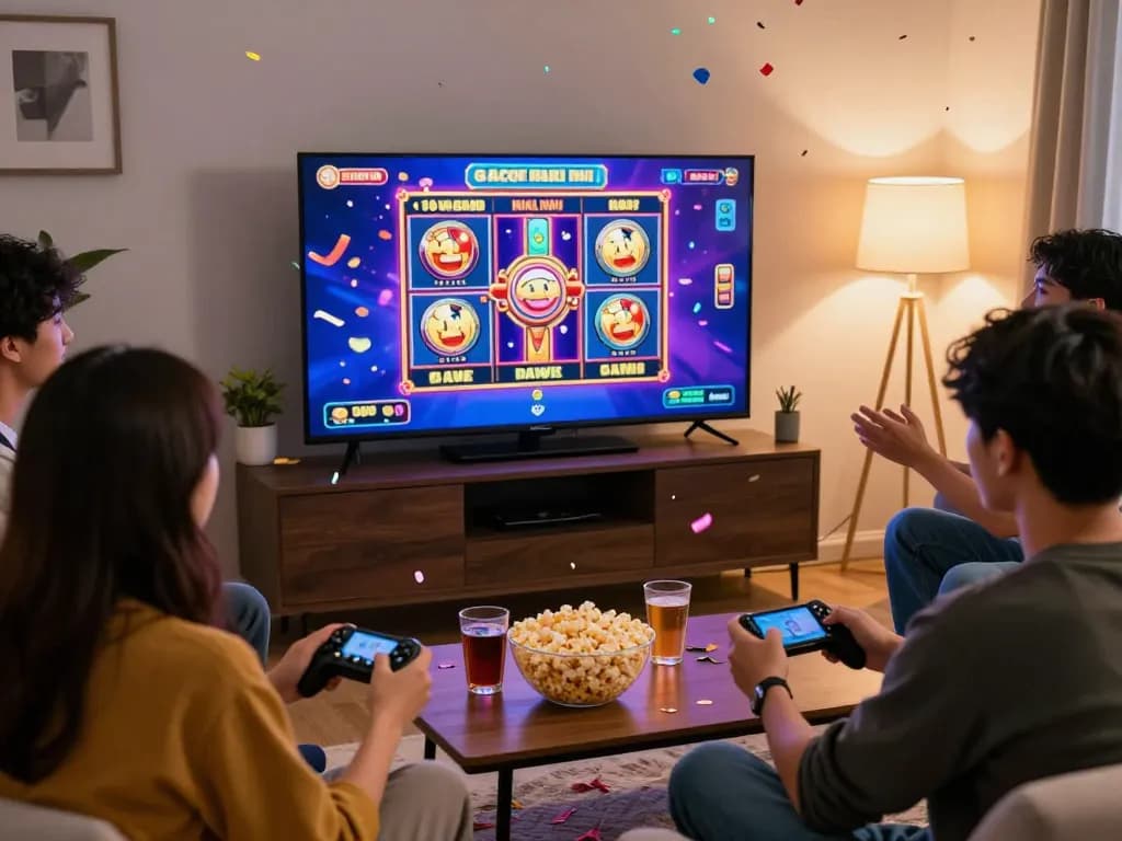 Exciting moments of friends celebrating a jackpot in slot gacor hari ini online gaming.