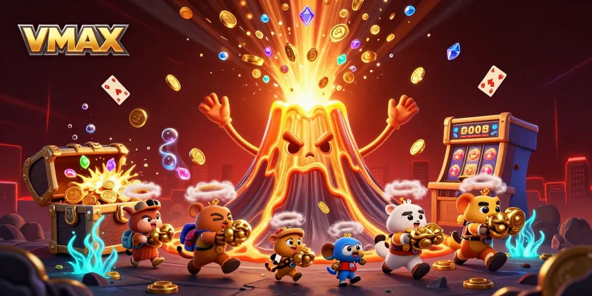 VMAX casino adventure image featuring a volcano erupting coins, exciting jackpot counters, and playful treasure seekers.