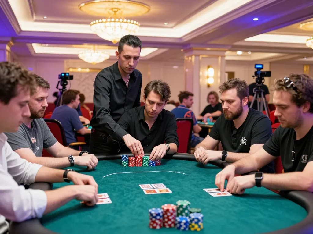 mm88 poker players strategizing at a vibrant casino table, chips and cards in action.