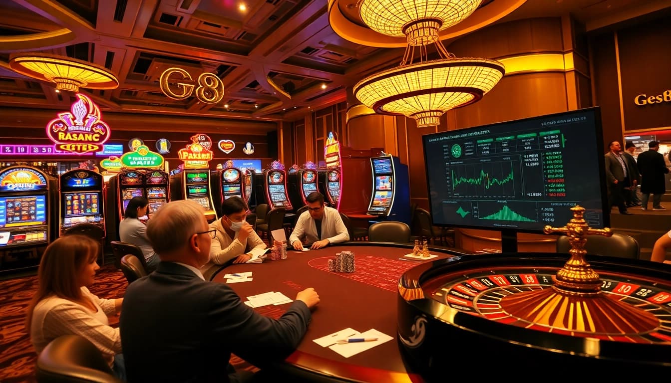 Engaged gamblers at GG88 poker table surrounded by vibrant casino elements.