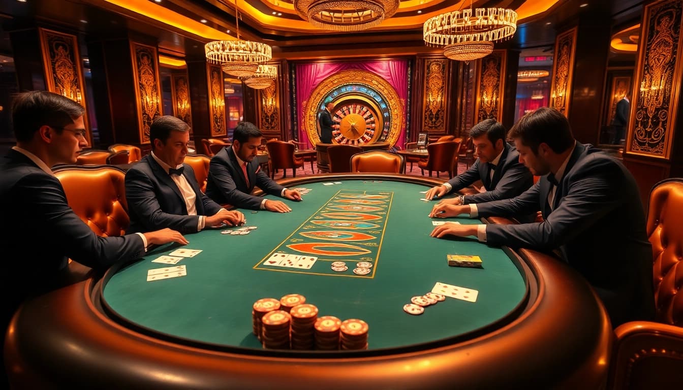 Players strategize at the B52club poker table amidst a luxurious casino ambiance.