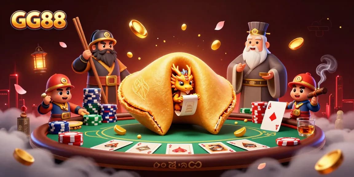 Experience winning strategies at GG88 with a magical 3D casino scene featuring fortune cookies and poker elements.