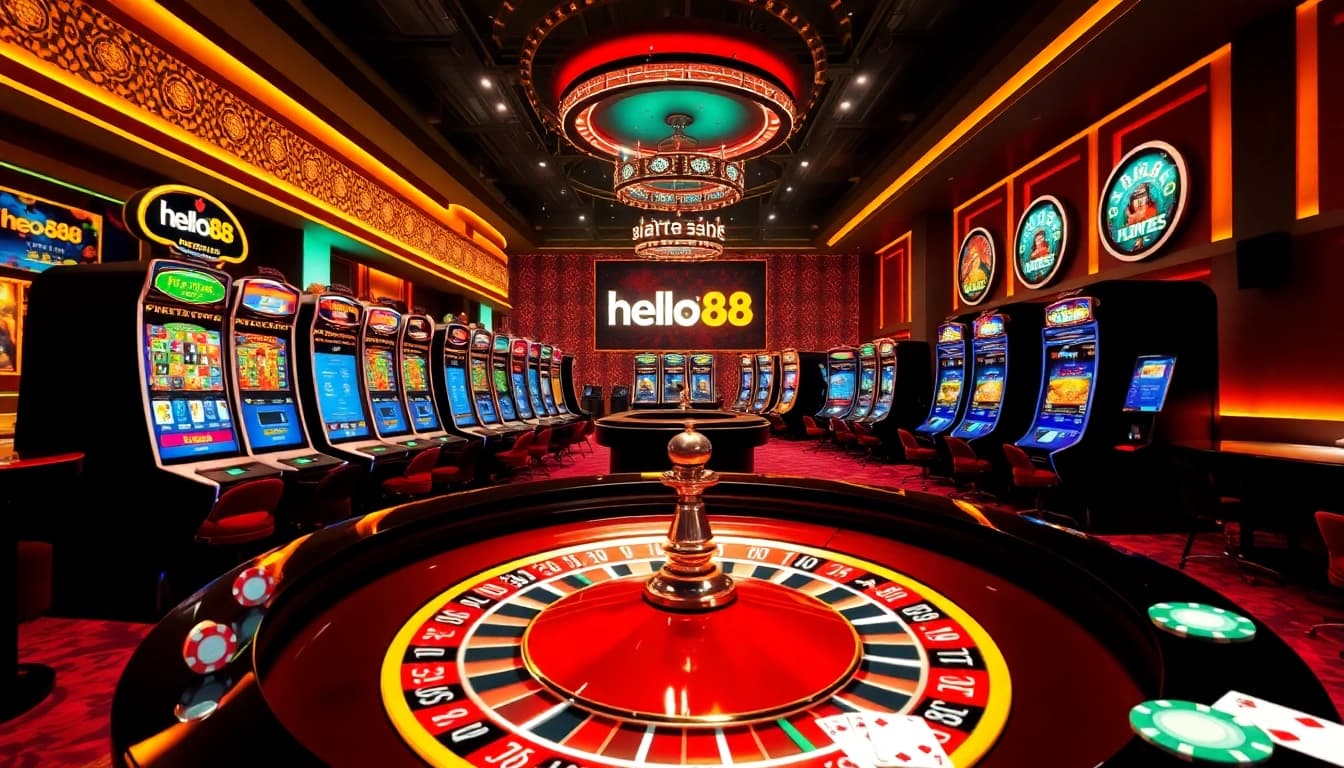 Experience the excitement of Helloo88 with a vibrant online casino scene featuring roulette and slot games.