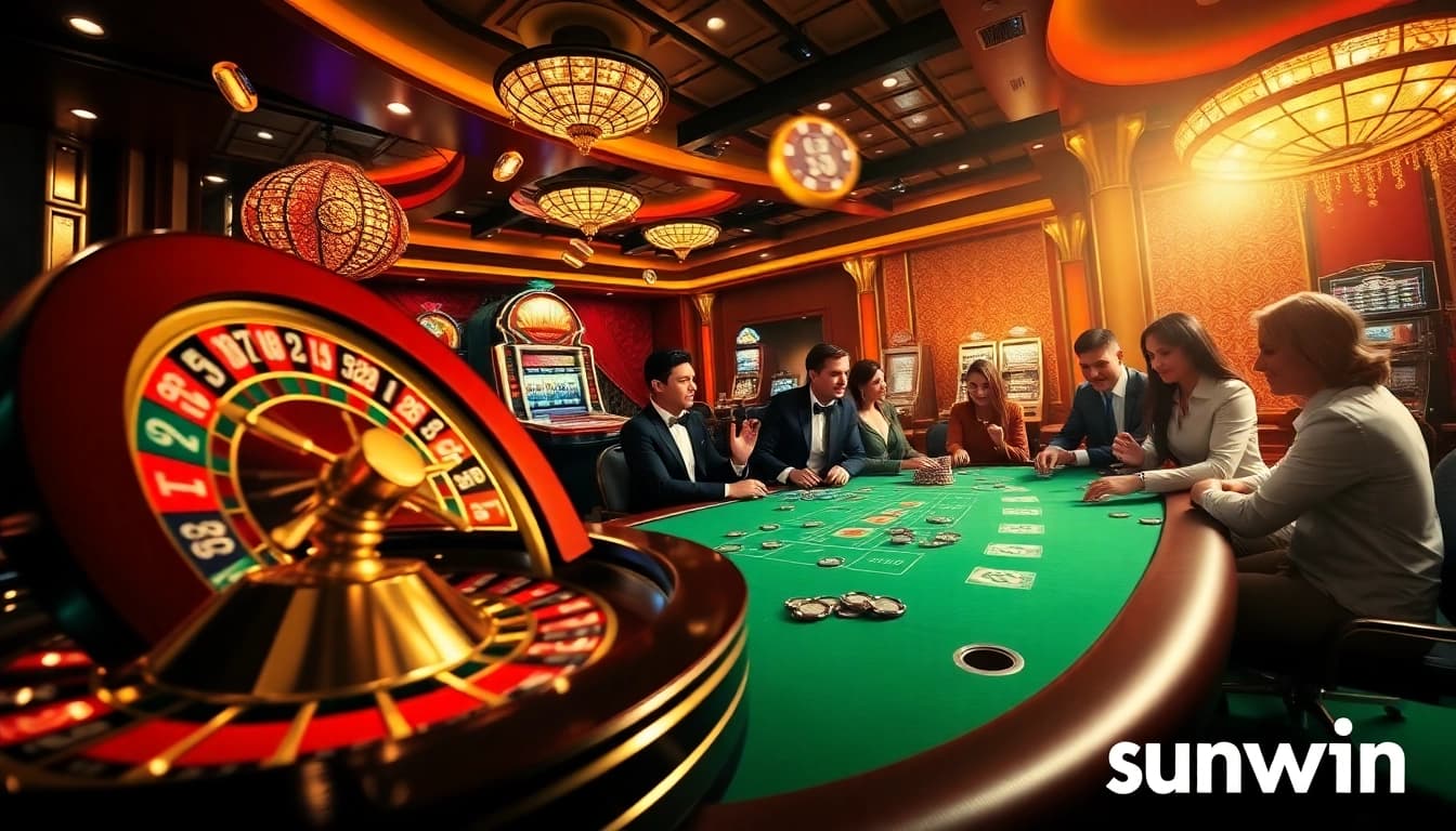 Experience the thrill of sunwin gambling with vibrant casino tables and eager players.