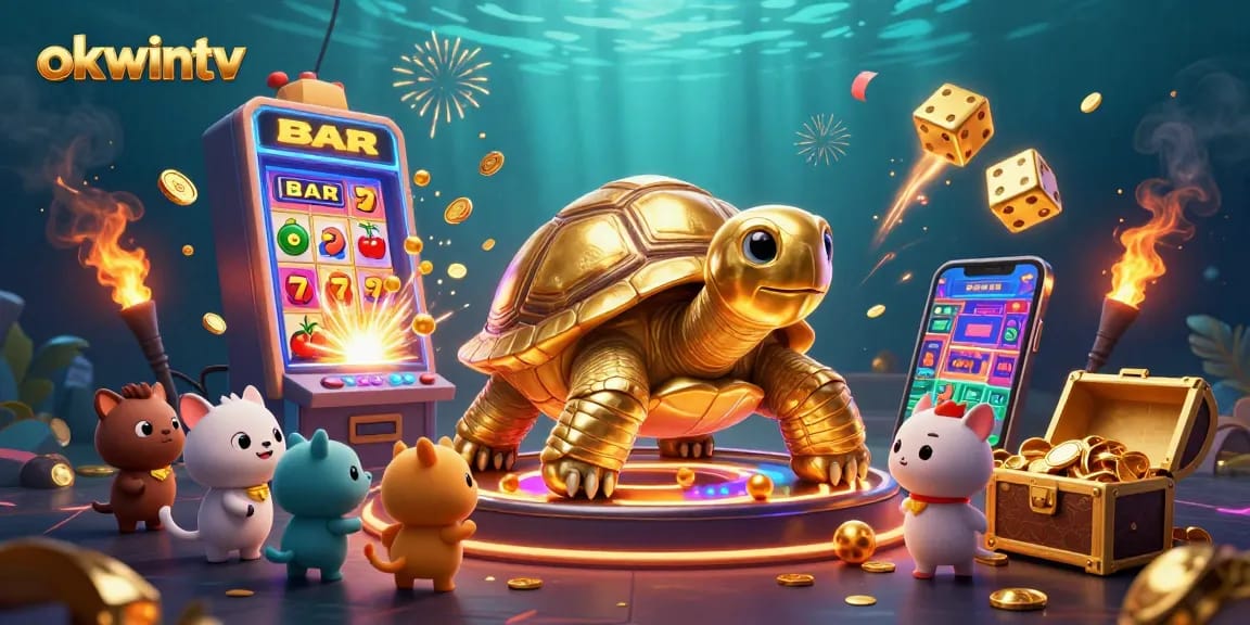 Experience the exciting world of okwintv with vibrant, golden gaming elements in a dynamic scene.