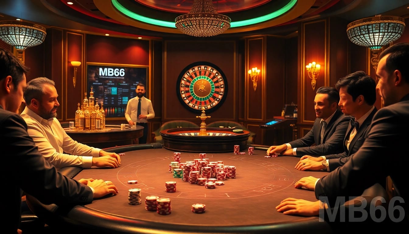 Players strategize their bets at an elegant poker table in the MB66 casino.