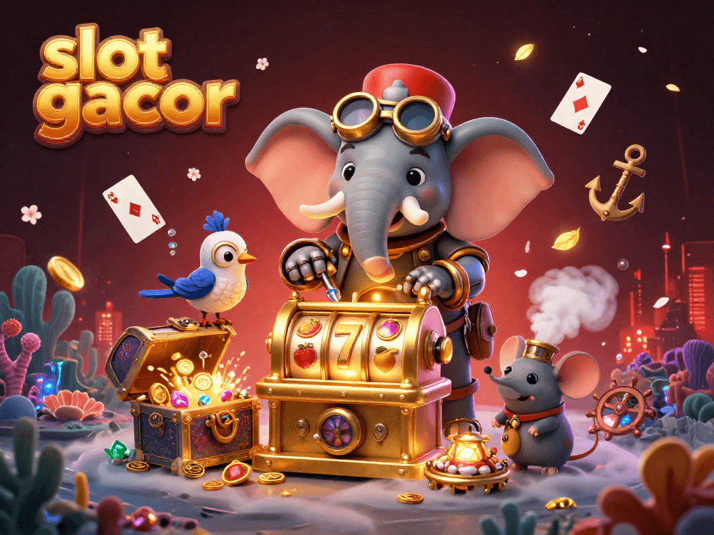 Experience slot gacor action with vibrant 3D illustration of a steampunk elephant at the slot machine surrounded by treasures.