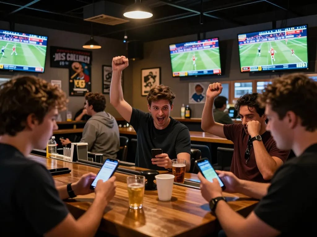 KONG88 players celebrating a win while placing bets in a lively sports bar atmosphere