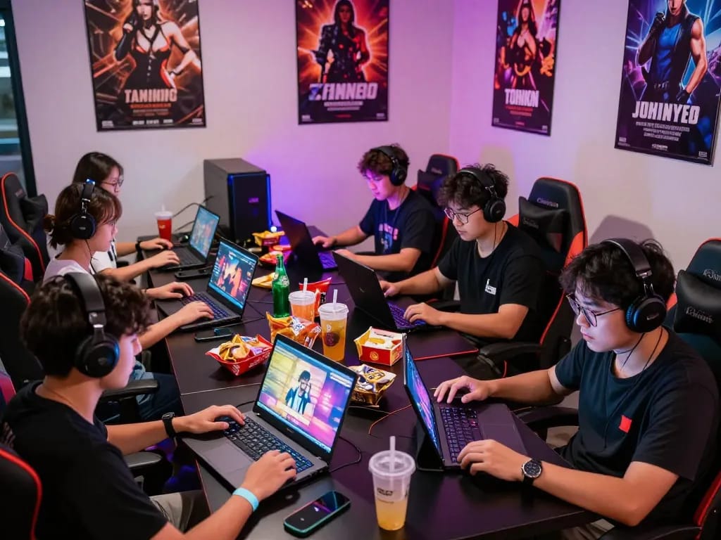 Gamers immersed in porngames at a vibrant adult gaming lounge, showcasing a lively and playful atmosphere.