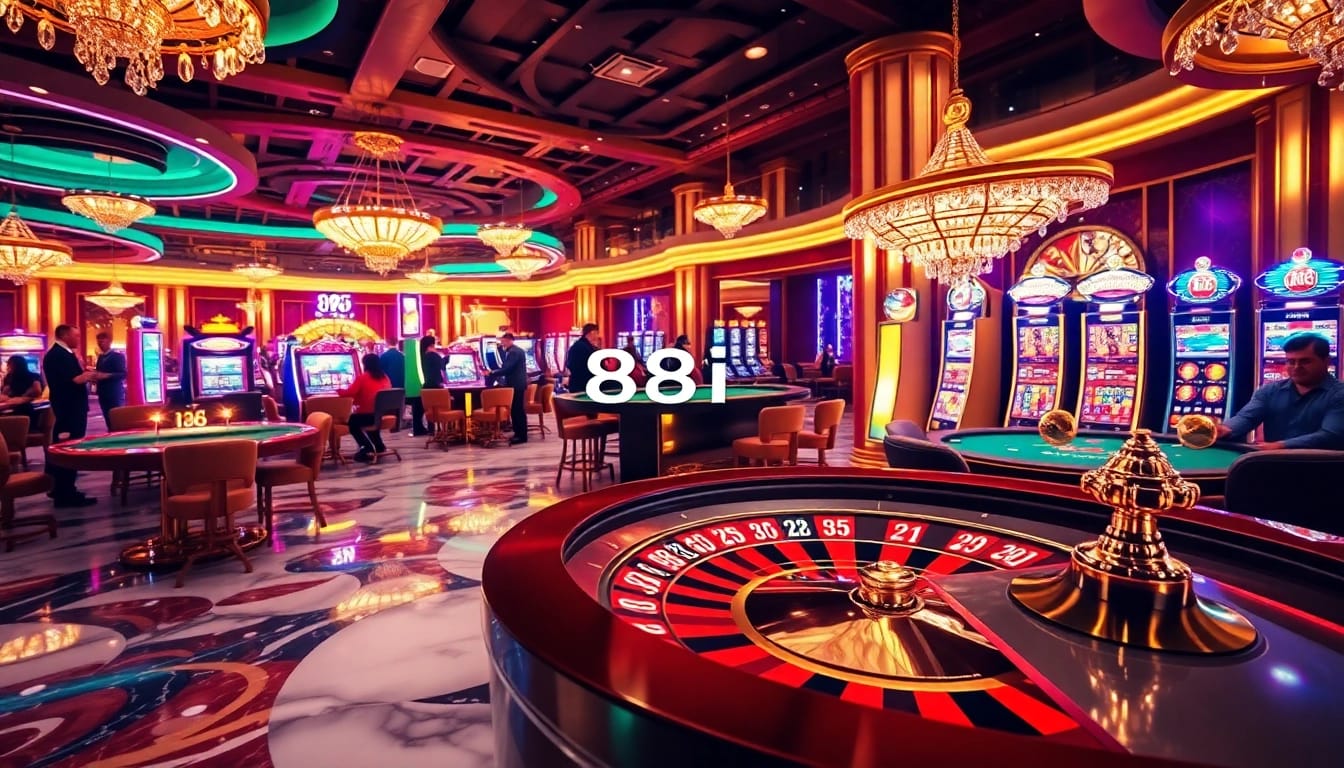 Gamblers enjoy a thrilling experience at 88I casino featuring vibrant gaming tables and slot machines.