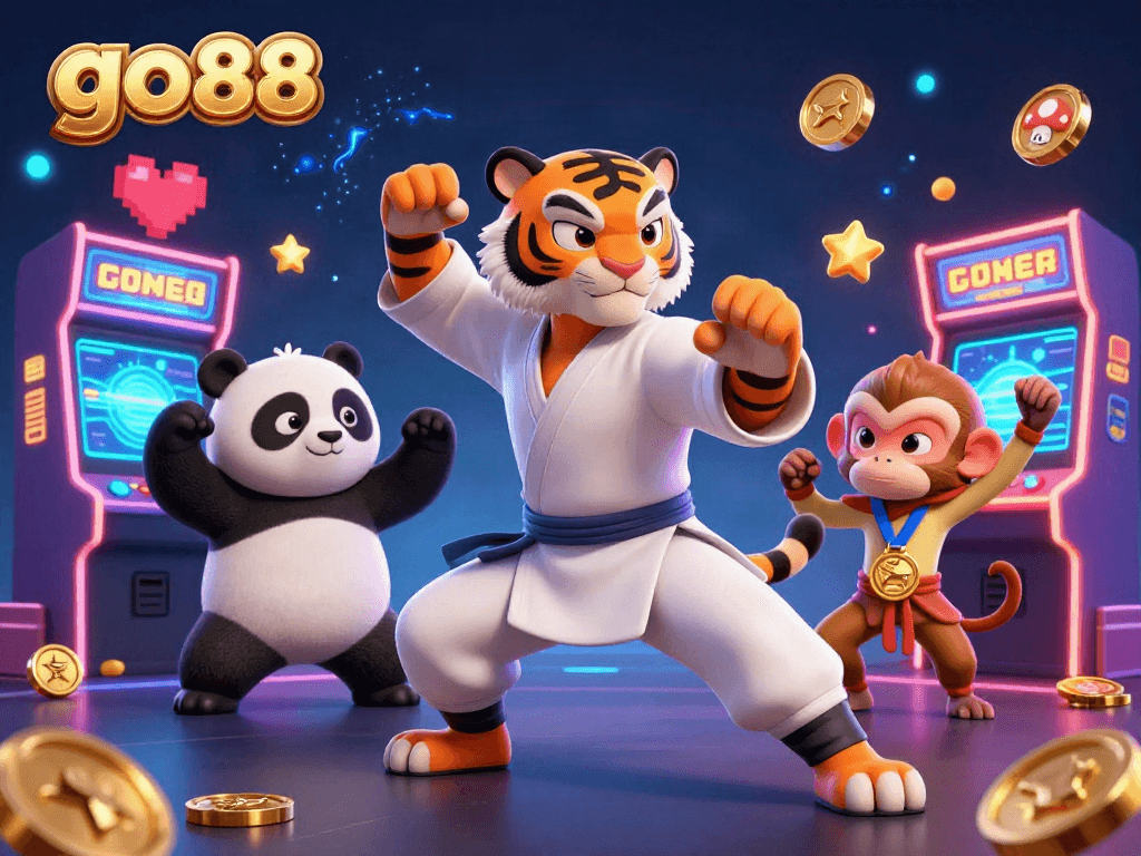 Engage in the excitement of go88 with a vibrant 3D illustration of gaming characters and machines.