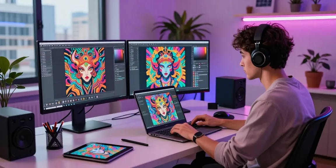 Creating vibrant AI NSFW art in a modern workspace with innovative design.