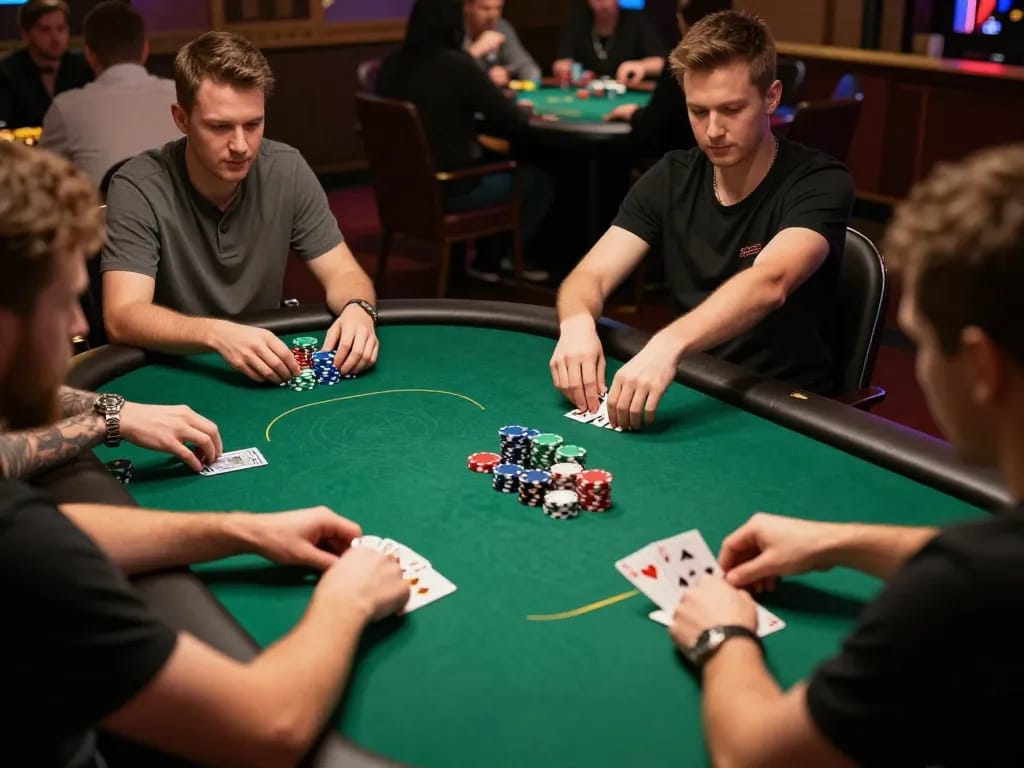 Players engaged in a thrilling poker game at the casino, showcasing ok8386a strategies and high-stakes excitement.