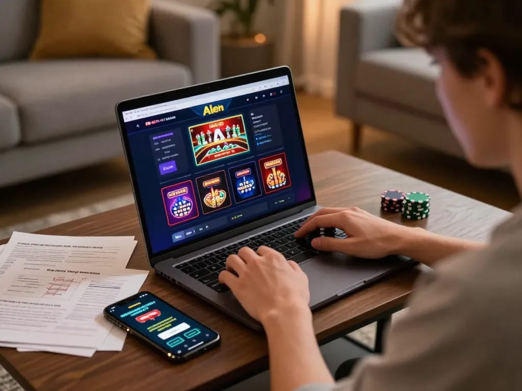 Alev casino giris in action with a player focused on strategic online gameplay on a laptop in a cozy living room.