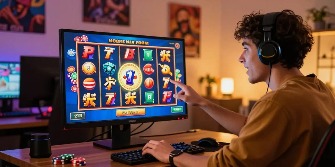 Player engaged with vibrant bonus buy slots at home gaming setup, showcasing excitement.