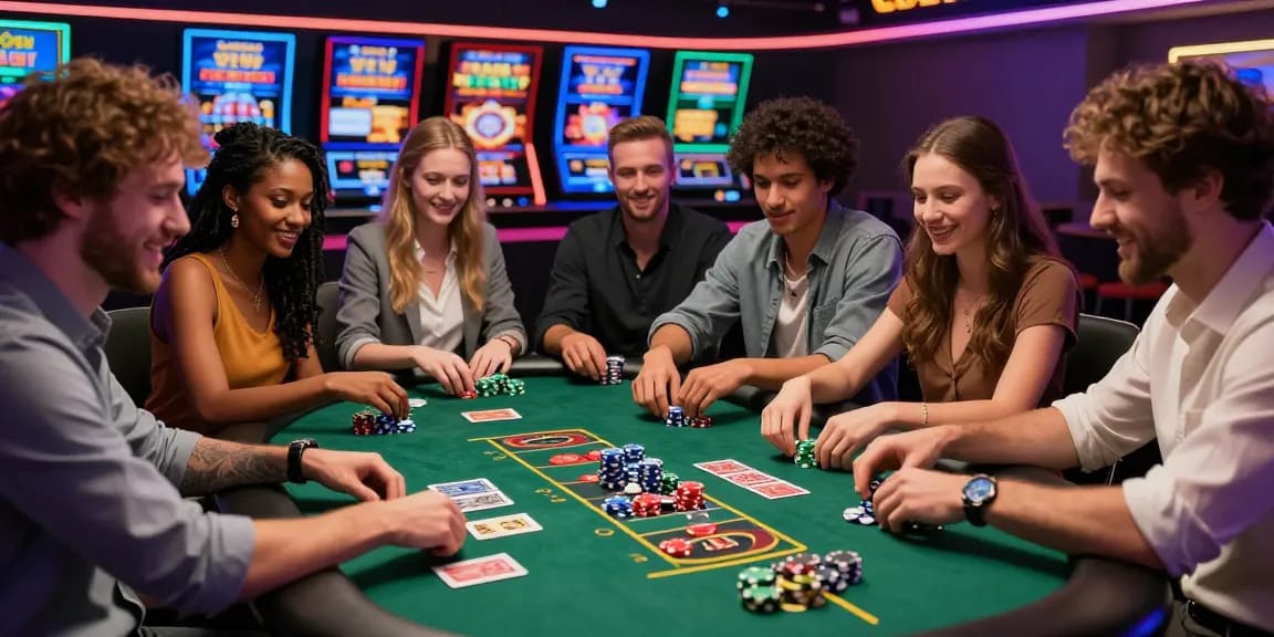 Best new online casinos featuring friends enjoying various casino games in a vibrant setting.