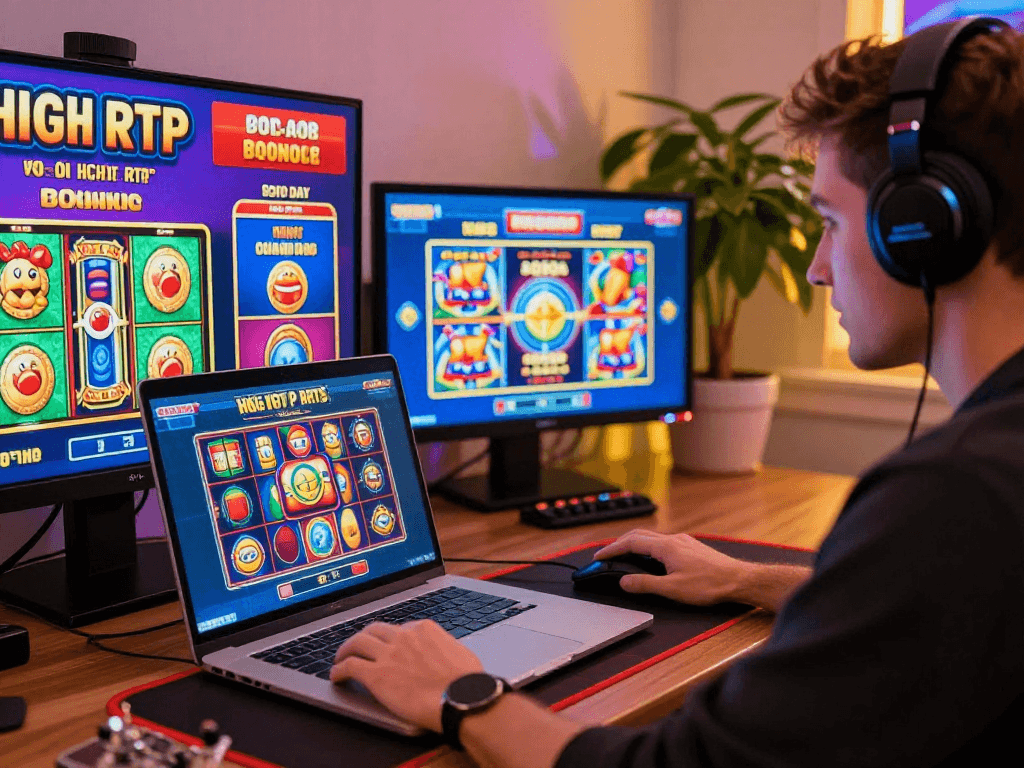 British player enjoying US online casinos with vibrant slot graphics and bonus offers at home
