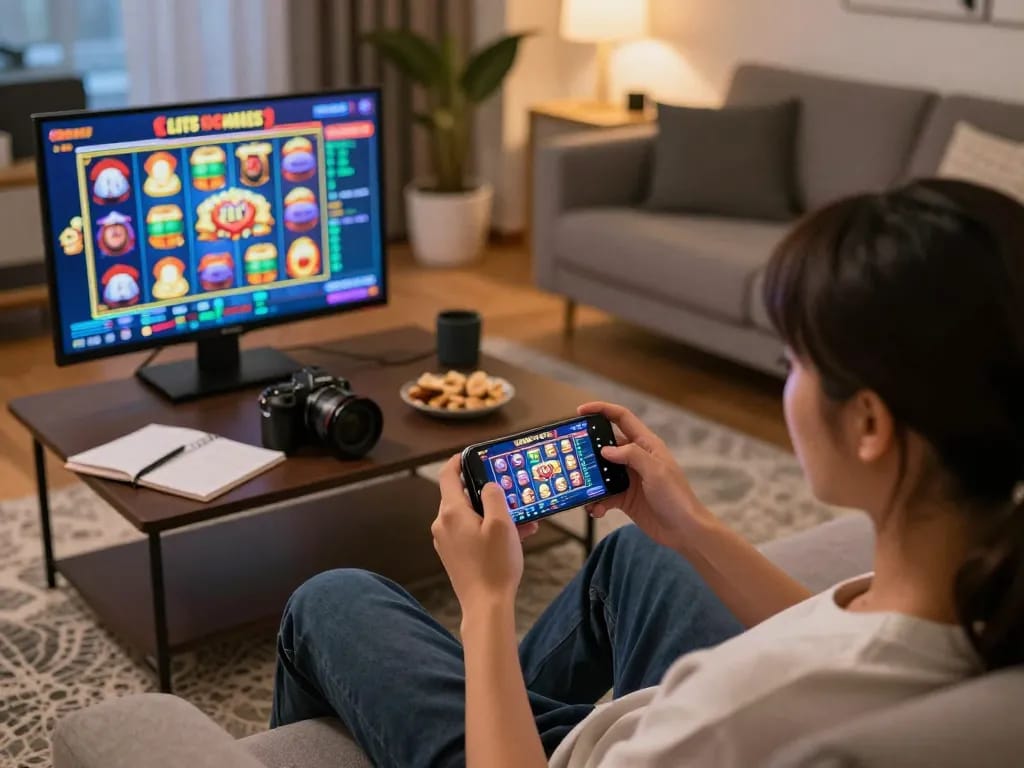 Engaging in a situs slot game on a smartphone in a cozy home setting, showcasing a responsible gaming experience.