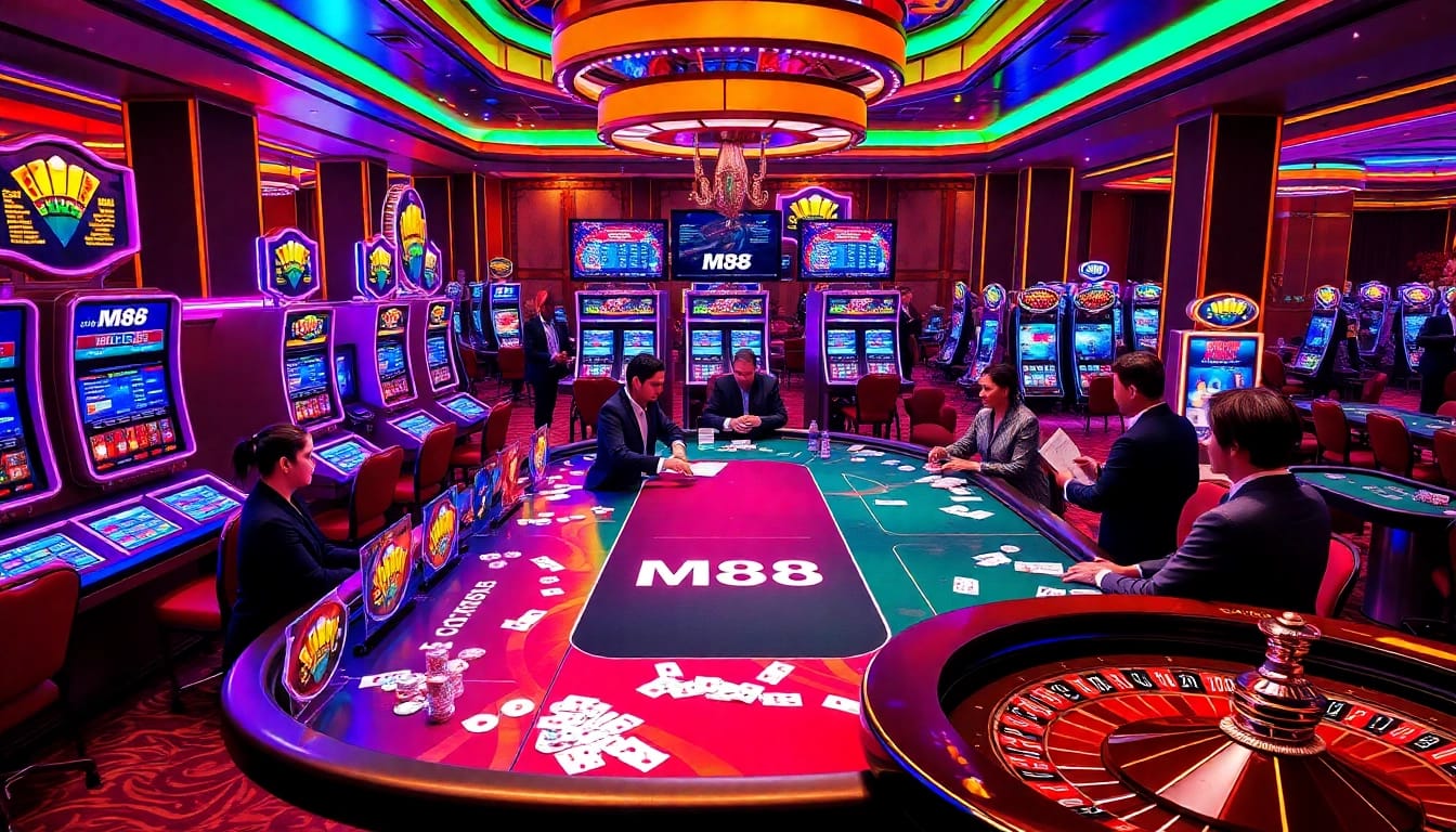 Experience an exciting M88 casino scene with vibrant tables and colorful slot machines.