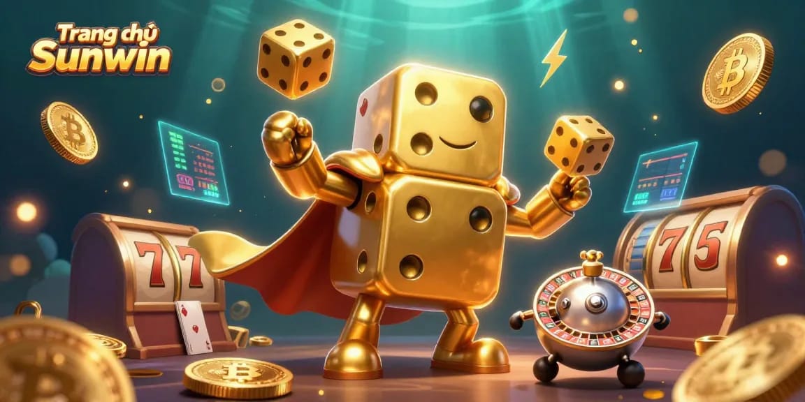 Engage with exciting games at Trang chủ Sunwin featuring golden dice juggling amidst vibrant slot reels.