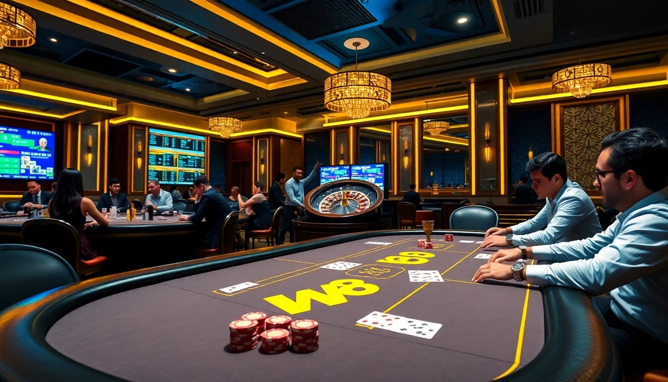 A captivating W88 poker table scene showcasing enthusiastic players and vibrant casino elements.