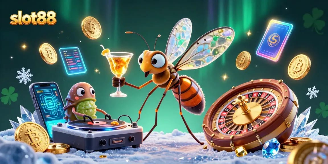 Slot88 menampilkan karakter kasino 3D unik dengan suasana berkilauan dan elemen permainan menarik.