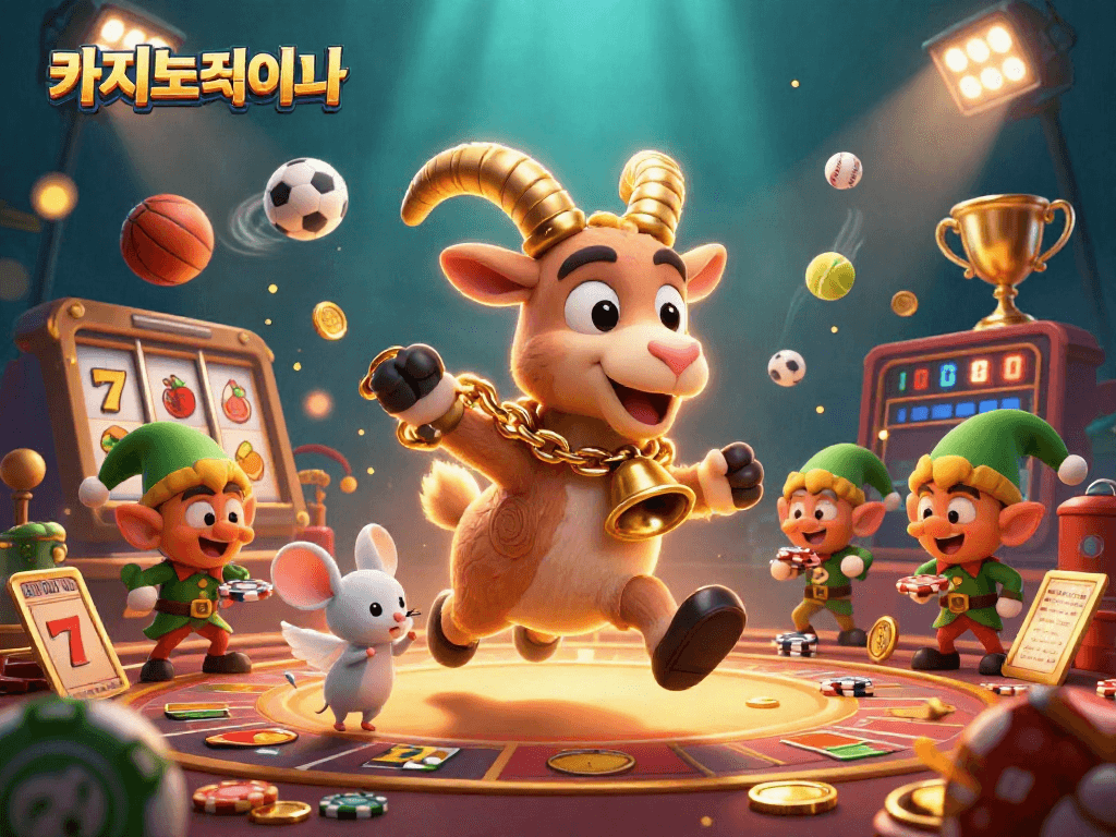 카지노사이트에서 슬롯 게임을 즐기는 캐릭터들이 역동적으로 활동하는 3D 아트 이미지