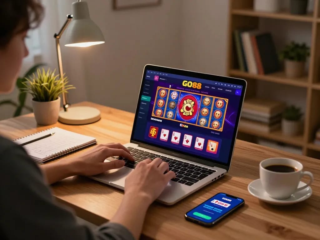 Engaging moment with a player on GO88 platform at home, immersed in online gambling.