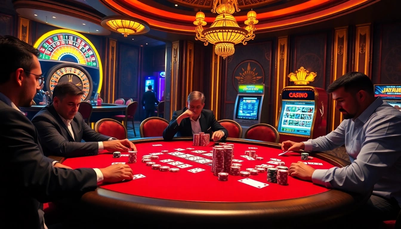 M88 poker players strategize over a high-stakes game with vibrant chips and cards.